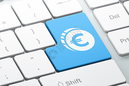货币概念 计算机键盘背景的欧元硬币钥匙金属储蓄电子商务贷款按钮蓝色账单债务库存图片