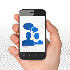 业务概念手拿着智能手机与商务会议上显示公司战略标签伙伴电话男人讲话展示正方形人士图片