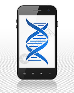 Dna图标科学概念智能手机与 DNA 上显示药品蓝色药店正方形卫生展示细胞技术螺旋电话背景