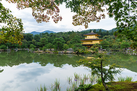 在京都日本金阁寺的黄金馆文化佛教徒入口金子精神青铜神社冥想纪念碑森林图片