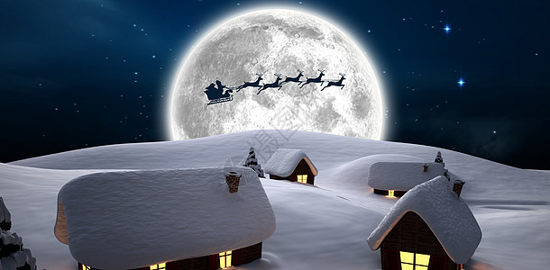 送圣诞老人给村庄的礼物满月烟囱绘图天空跑步天体雪橇房子阴影影像图片