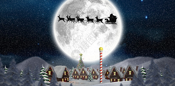 送圣诞老人给村庄的礼物天体庆典星星森林驯鹿树木绘图雪橇喜庆天空图片