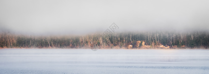 加拿大安大略省的重雾 从渥太华河上拔除大雾毯子支撑地平线单点边缘孤独蓝天海岸线树木海滩寒意图片