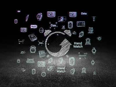 时间线概念闹钟在 grunge 黑暗 roo展示历史工业指针手表划痕警报戒指房间中风图片