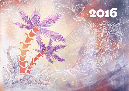 创意新年背景橙子横幅墙纸假期紫色热带推介会装饰品水彩星星图片