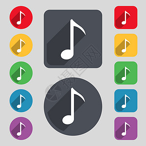 音乐笔记图标符号 由 12 个彩色按钮和长阴影组成图片