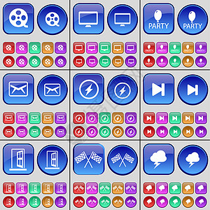 颜色图录像带 监视器 聚会 消息 闪光灯 媒体跳过 门 颜色 闪电 一大套多色按钮背景