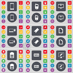 智能手机 手机 显示器 笔记本电脑 标记 文件 电池 销售图标符号 一大套平面彩色按钮 适合您的设计背景图片