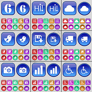六 嗨 云 鸟 软盘 卡车 相机 图表 残疾人 一大套多色按钮图片