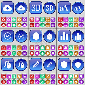 云 3D 字体 刻度 通知 图表 鼠标 铅笔 徽章 一大套多色按钮图片