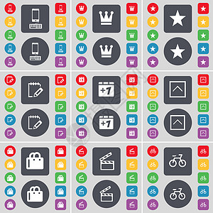 智能手机 皇冠 明星 调查 加一 向上箭头 购物袋 拍板 自行车图标符号 一大套平面彩色按钮 适合您的设计图片