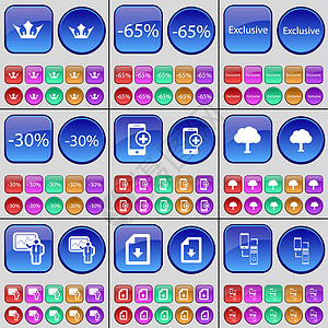皇冠 折扣 独家 折扣 智能手机 树 图表 文件 连接 一大套多色按钮图片