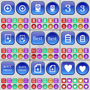 再加上音响 三声 文件 最佳 电池 黑色星期五 心脏 一大堆多色按钮图片
