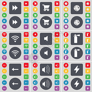 倒带 购物车 比萨饼 Wi-Fi 声音 灭火器 向左箭头 声音 闪光图标符号 一大套平面彩色按钮 适合您的设计图片