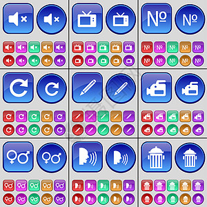 静音 电视 数字 重新加载 铅笔 闭路电视 性别符号 谈话 垃圾桶 一大套多色按钮图片