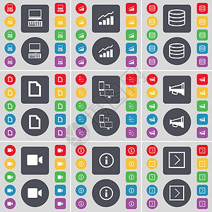 笔记本电脑 图形 数据库 文件 连接 扩音器 胶卷相机 信息 箭头右图标符号 一大套平面彩色按钮 适合您的设计图片