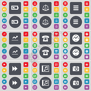 电池 秤 应用程序 图形 复古手机 时钟 倒带 音乐窗口 相机图标符号 一大套平面彩色按钮 适合您的设计图片