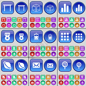 表格 盒子 图表 奖章 火车 应用程序 星球 消息 棒棒糖 一大套多色按钮图片