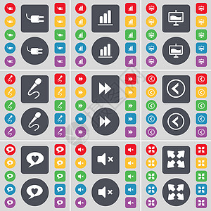 套接字 图表 图表 麦克风 倒带 向左箭头 聊天气泡 静音 全屏图标符号 一大套平面彩色按钮 适合您的设计图片