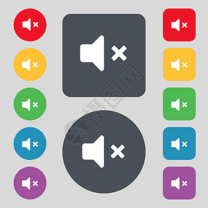 静音扬声器 声音图标符号 一组由12个彩色按钮组成 设计平坦图片