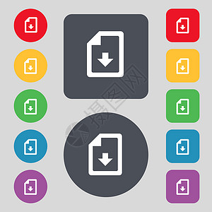 导入 下载文件图标符号 一组 12 个彩色按钮 平面设计图片