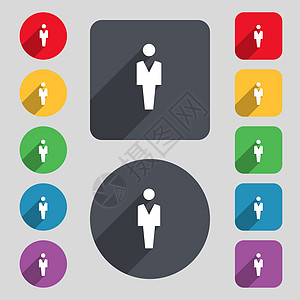 人类 男性 男性马桶图标标志 一套由12个彩色按钮和长阴影组成的图案 设计平坦海豹男生插图厕所用户男人令牌标签成员质量图片