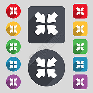 转向全屏幕图标符号 一组由12个彩色按钮和长阴影组成 平坦的设计图片