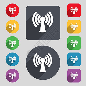 Wi-fi 互联网图标符号 一组由12个彩色按钮和长阴影组成的 平坦的设计图片