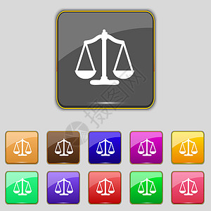司法的天平签署图标 法院法律符号 设置多彩的按钮尺码制药测量质量标签邮票惩罚重量徽章创造力图片