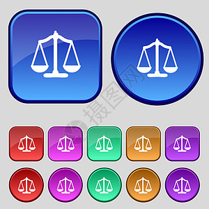 司法的天平签署图标 法院法律符号 设置多彩的按钮律师徽章创造力尺码法庭质量惩罚重量令牌标签图片