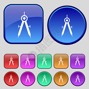 数学指南针符号图标 一组有色按钮艺术原理图卡尺设计师绘图插图分频器几何测量教育图片