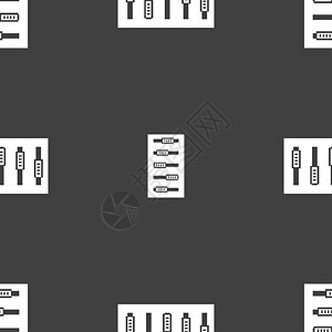 Dj 控制台组合控件控点和按钮图标符号 在灰色背景上无缝模式插图控制板体积界面安慰混合器电气控制仪表均衡器图片