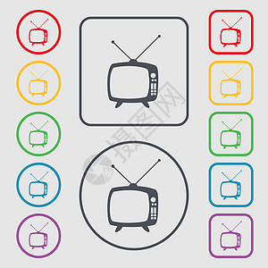 复古电视模式标志图标 电视机符号 带有框架的圆形和方形按钮上的符号图片