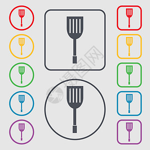 厨房电器图标符号 圆形和带框的方键上的符号符号勺子餐具食物厨具刀具用具工具器具餐厅烹饪背景