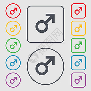男性性别图标符号 圆形上的符号和带框的平方按钮图片
