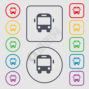 描边图标bus 图标符号 圆形上的符号和带框架的平方按钮背景