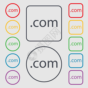 域 COM 标志图标 顶级互联网域符号 带有框架的圆形和方形按钮上的符号图片