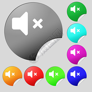 静音扬声器 声音图标符号 一组8个多色圆环按钮 贴纸图片