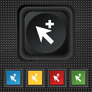 光标 箭头加号 添加图标符号 黑色纹理上的方形彩色按钮图片