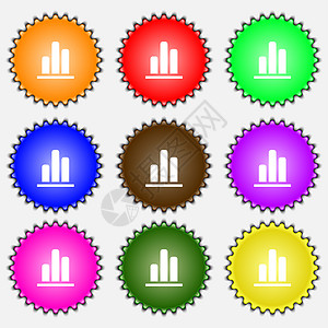 增长与发展概念 利率图标符号图 一套九种不同彩色标签商业抵押报告审查纽扣生长利润金融酒吧图表图片