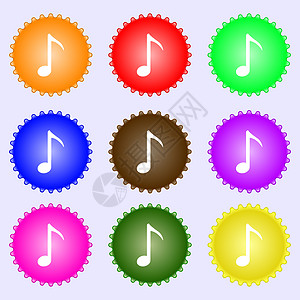 音乐音符图标符号 由九种不同颜色的标签组成按钮插图艺术笔记图片