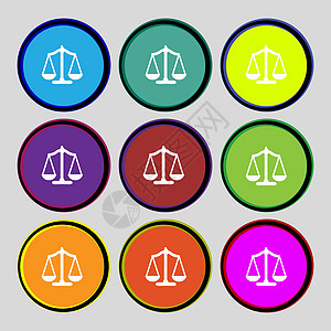司法的天平签署图标 法院法律符号 设置多彩的按钮令牌邮票尺码测量法庭标签重量质量创造力惩罚背景图片