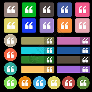 在单词图标符号的起始处双引号 从 27 个多色平面按钮中设置标记令牌质量艺术语音插图徽章创造力图片