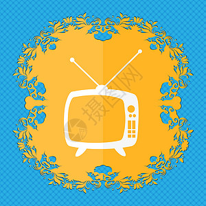 复古电视模式标志图标 电视机符号 蓝色抽象背景上的花卉平面设计 并为您的文本放置了位置图片