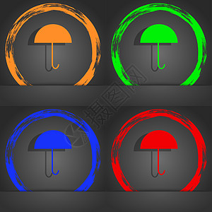 伞标志图标 防雨符号 时尚的现代风格 在橙色 绿色 蓝色 红色设计中旅行按钮标签创造力气象海豹游客插图圆圈令牌图片