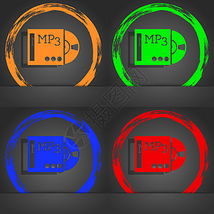 mp3 播放器图标标志 时尚的现代风格 在橙色 绿色 蓝色 红色设计中图片