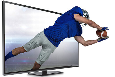 美式足球运动员在空中捕球的复合图像集成沥青体育场家庭活动男性安全屏幕手套电视四分卫图片