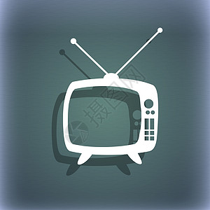 复古电视模式标志图标 电视机符号 在与阴影和空间的蓝绿色抽象背景为您的文本图片