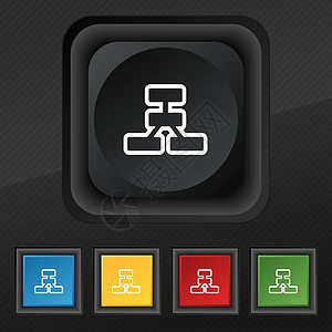 网络图标符号 在黑色纹理上设置五个彩色 时髦的按钮 用于设计设计图片
