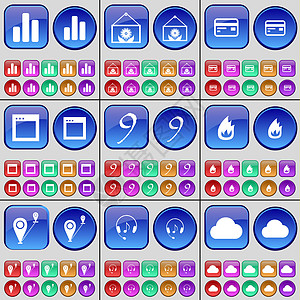 图 花 信用卡 窗口 九号 火 路线 耳机 云 一大批多色按钮图片